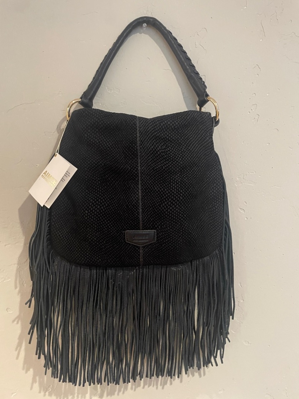 NWT Aimee Kestenberg Black Suede Fringe Hobo with Braided Handle.